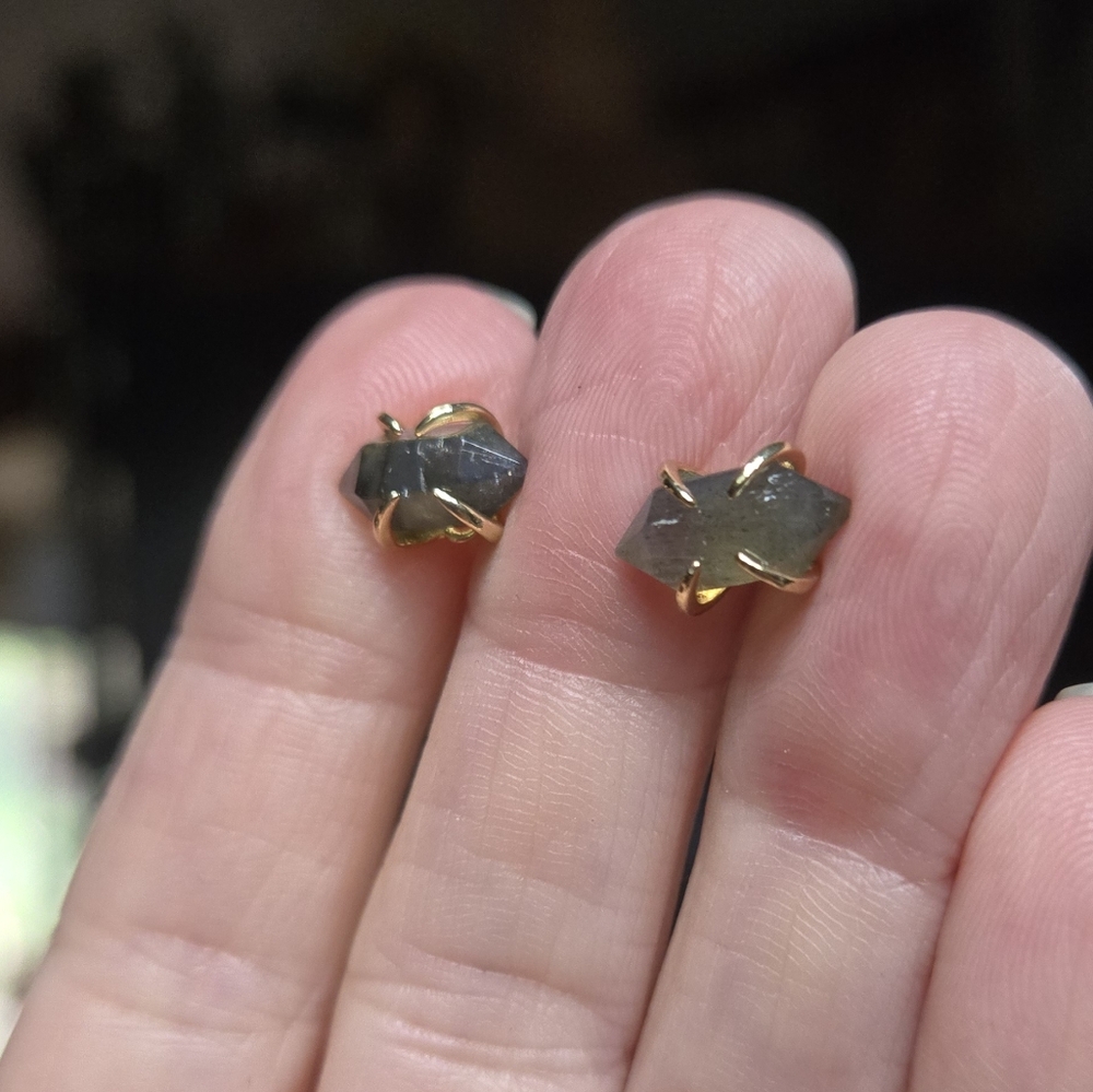 Labradorite Natural 4k Point Sterling & Gold Earrings - Picture 5 of 10